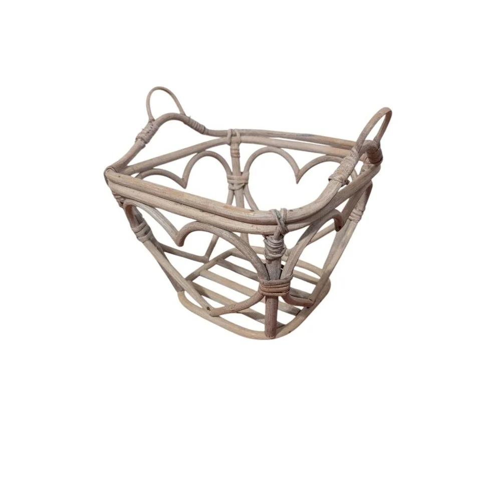 Vintage Whitewashed Rattan Bamboo Basket Heart Cutout‎ Boho Cottagecore Decor